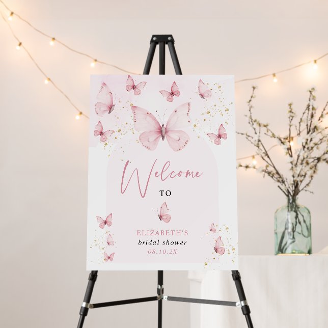 Butterflies Pink Gold Bridal Shower Welcome Sign (In Situ (Stand))