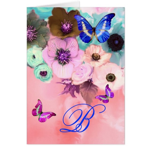 BUTTERFLIES,PINK TEAL  ROSES AND ANEMONE FLOWERS (Front)