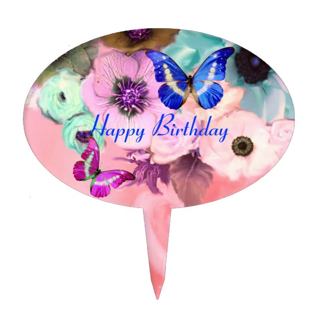 BUTTERFLIES,PINK TEAL  ROSES AND ANEMONE FLOWERS CAKE TOPPER (Front)