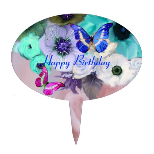 BUTTERFLIESPINK TEAL  ROSES AND ANEMONE FLOWERS CAKE TOPPER