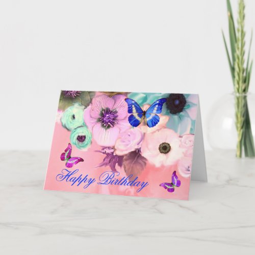 BUTTERFLIESPINK TEAL  ROSES AND ANEMONE FLOWERS CARD