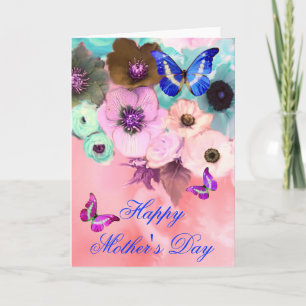 BUTTERFLIES,PINK TEAL ROSES AND ANEMONE FLOWERS CARD