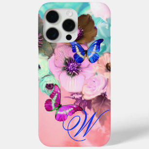 BUTTERFLIES,PINK TEAL ROSES AND ANEMONE FLOWERS iPhone 15 PRO MAX CASE