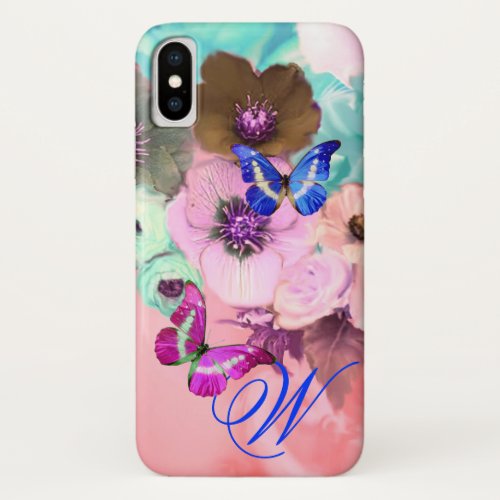 BUTTERFLIESPINK TEAL ROSES AND ANEMONE FLOWERS iPhone X CASE