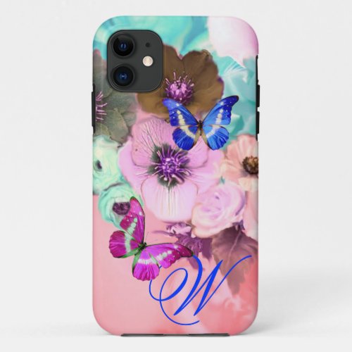 BUTTERFLIESPINK TEAL ROSES AND ANEMONE FLOWERS iPhone 11 CASE