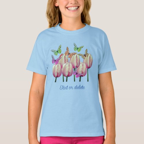 Butterflies Pink Tulip Flowers Personalized  T_Shirt