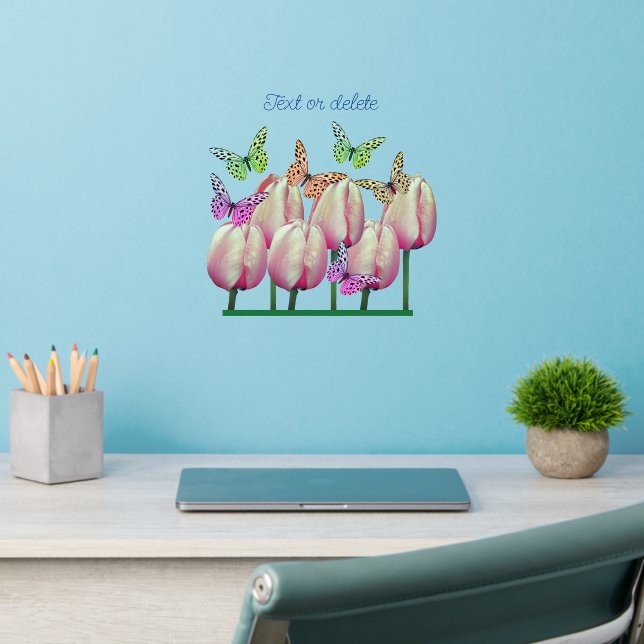 Butterflies Pink Tulip Flowers Personalized   Wall Decal (Home Office 2)