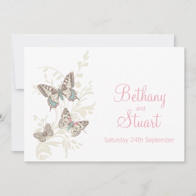 Butterflies pink white cream wedding invitation (Front)