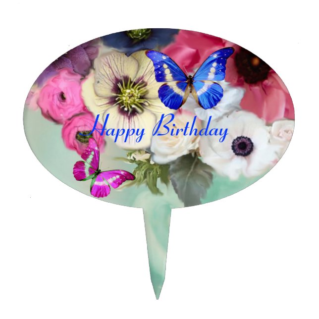 BUTTERFLIES,PINK WHITE  ROSES AND ANEMONE FLOWERS CAKE TOPPER (Front)