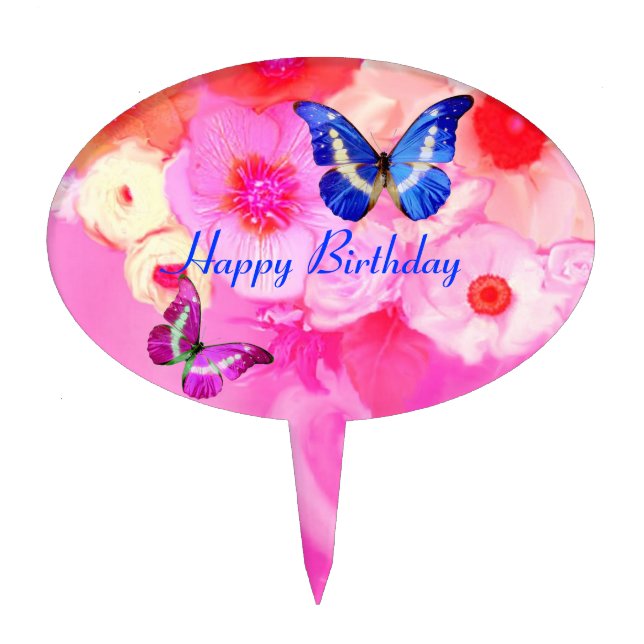 BUTTERFLIES PINK WHITE  ROSES ,ANEMONE FLOWERS CAKE TOPPER (Front)