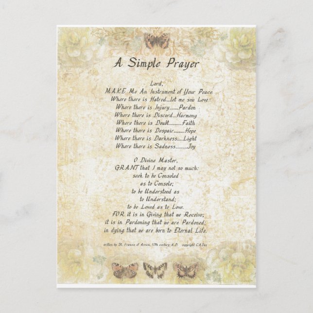 butterflies=pope francis=st. francis SIMPLE PRAYER Postcard (Front)