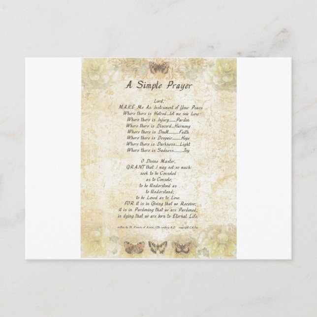 butterflies=pope francis=st. francis SIMPLE PRAYER Postcard (Front)