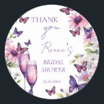 Butterflies purple bridal shower favor  classic round sticker<br><div class="desc">Lifetime of butterflies purple pink bridal shower thank you favor stickers ,  pink daisies purple champagne glasses with butterflies spring summer bridal shower personalized favor stickers</div>
