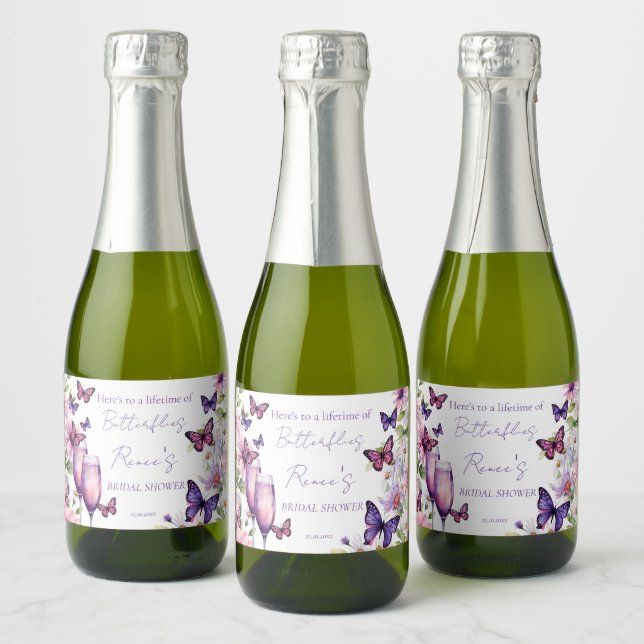 Butterflies purple bridal shower favor  sparkling wine label (Bottles)