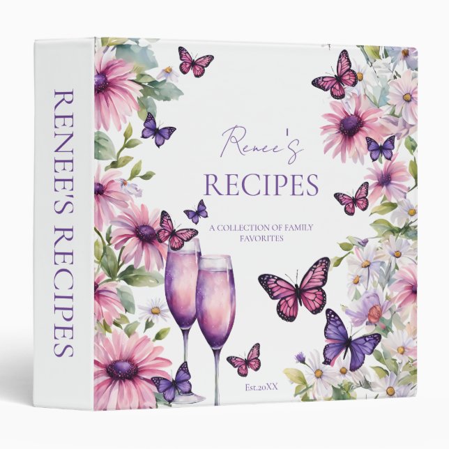 Butterflies purple bridal shower recipe book 3 ring binder (Front/Spine)
