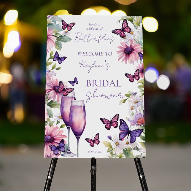 Butterflies purple bridal shower welcome sign (to a lifetime of Butterflies daisy purple pink bridal shower welcome sign board personalized decor )