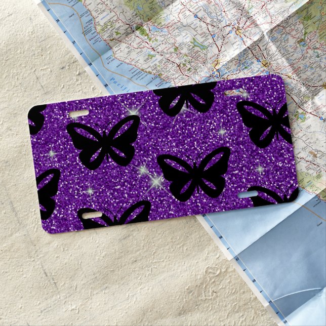 Butterflies Purple Glitter Fly Insect Animals License Plate (In Situ)
