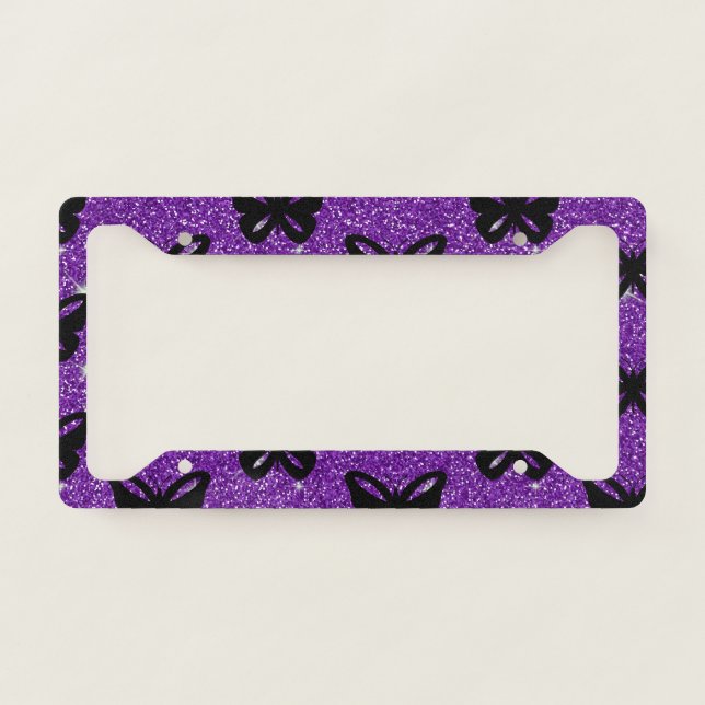 Butterflies Purple Glitter Fly Insect Animals License Plate Frame (Front)