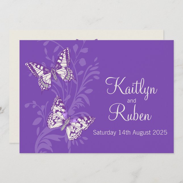 Butterflies purple white cream wedding invitation (Front/Back)