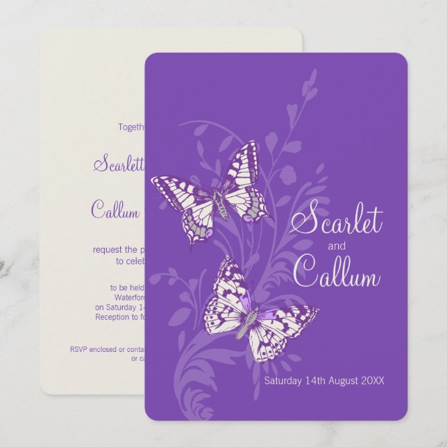 Butterflies purple white cream wedding invitations (Front/Back)