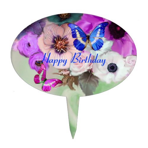 BUTTERFLIES PURPLE WHITE  ROSES ANEMONE FLOWERS CAKE TOPPER