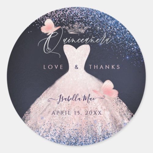 Butterflies Quinceanera Blush Glitter Gown Classic Round Sticker