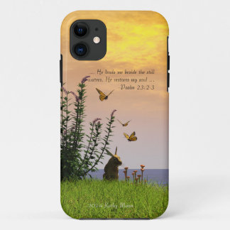 Butterflies, Rabbit, and Psalm 23:2-3 iPhone 11 Case