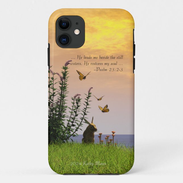 Butterflies, Rabbit, and Psalm 23:2-3 Case-Mate iPhone Case (Back)