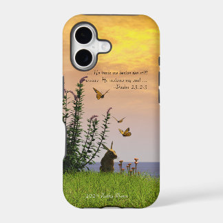 Butterflies, Rabbit, and Psalm 23:2-3 iPhone 17 Case
