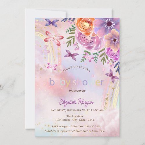  Butterflies Rainbow Floral Baby Shower Invitation