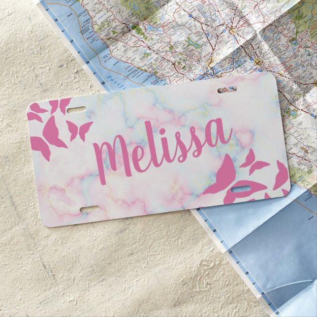 Butterflies Rainbow Marble  Script License Plate (In Situ)