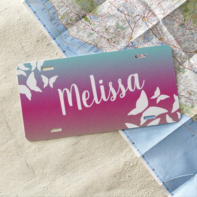 Butterflies Rainbow Name Script License Plate (In Situ)