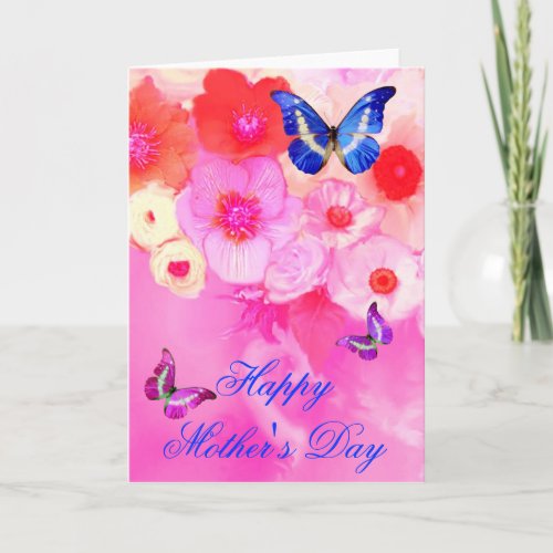 BUTTERFLIESRED PINK ROSES AND ANEMONE FLOWERS CARD