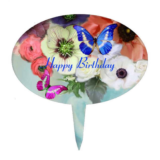 BUTTERFLIES RED WHITE  ROSES AND ANEMONE FLOWERS CAKE TOPPER (Front)