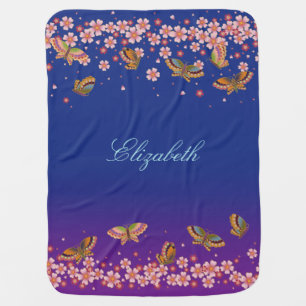 Butterflies & Sakura Blossoms Blue Personalized Baby Blanket