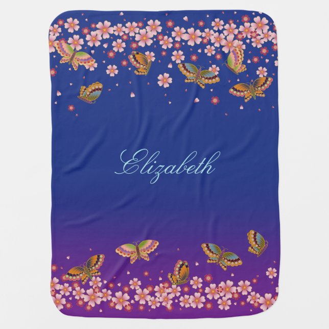 Butterflies & Sakura Blossoms Blue Personalized Baby Blanket (Front)