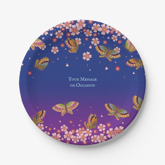 Butterflies Sakura Blossoms Blue Personalized Paper Plates (Front)