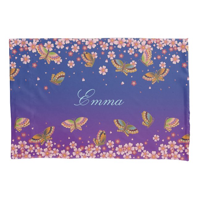 Butterflies & Sakura Blossoms Blue Personalized Pillow Case (Front)