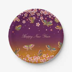 Butterflies Sakura Blossoms Gold Plum Personalized Paper Plates