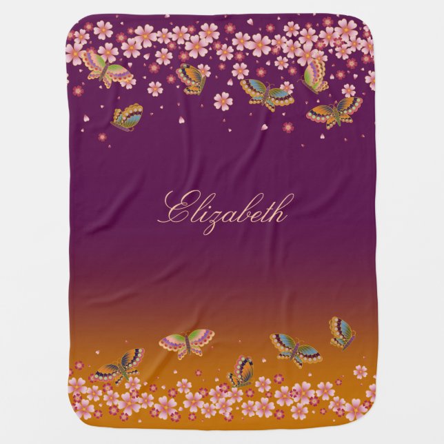 Butterflies & Sakura Blossoms Plum Personalized Baby Blanket (Front)
