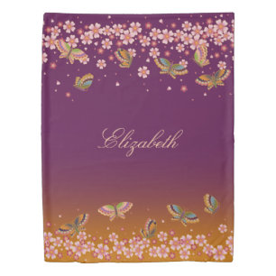 Butterflies & Sakura Blossoms Plum Personalized Duvet Cover