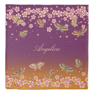 Butterflies & Sakura Blossoms Plum Personalized Duvet Cover