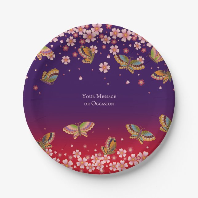 Butterflies & Sakura Blossoms Purple Personalized Paper Plates (Front)