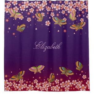 Butterflies & Sakura Blossoms Purple Personalized Shower Curtain