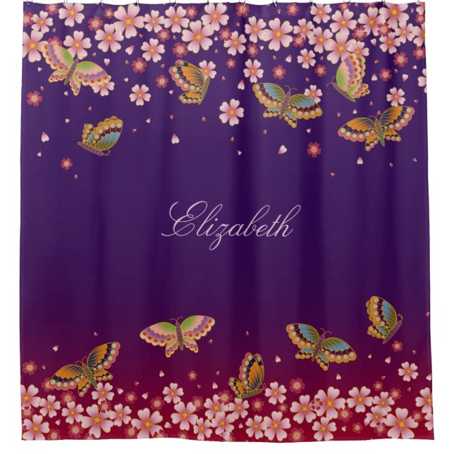 Butterflies & Sakura Blossoms Purple Personalized Shower Curtain (Front)