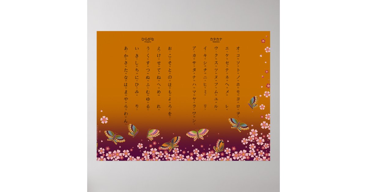 Butterflies & Sakura Hiragana Katakana Japanese Poster Zazzle