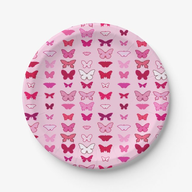 Butterflies, shades of pink and fuchsia paper plates (Front)
