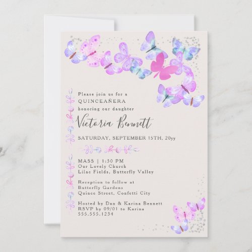 Butterflies Silver Confetti Quinceanera and Mass Invitation