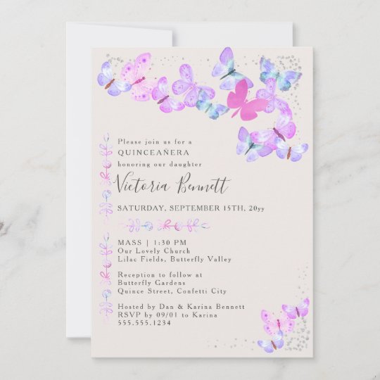 Butterflies Silver Confetti Quinceanera and Mass Invitation | Zazzle.com