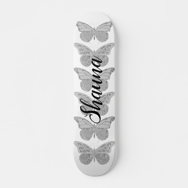 Butterflies Silver Gray Sparkle Personalized Skateboard (Front)